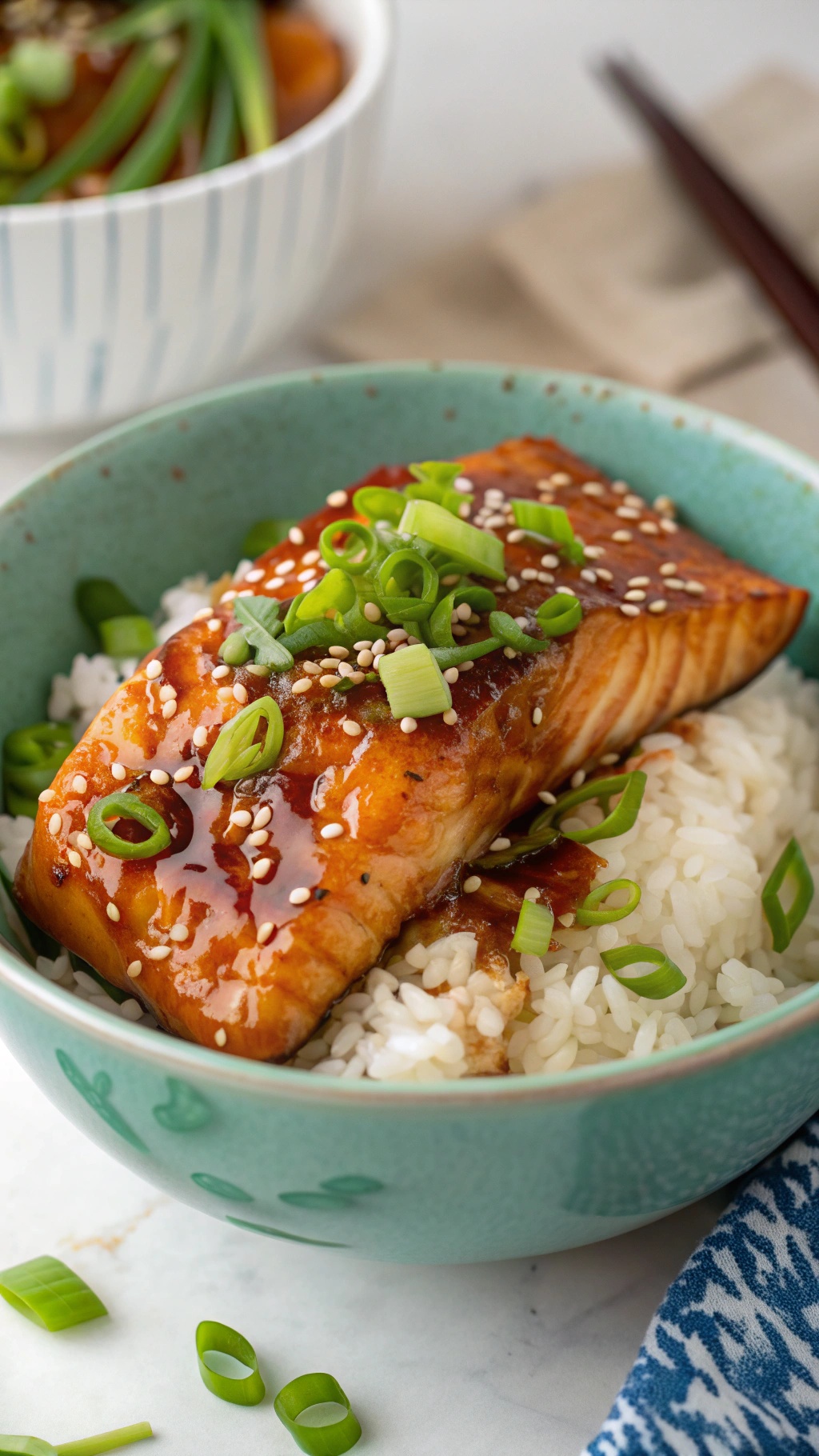 A bowl of honey soy salmon served over rice, topped with green onions and sesame seeds.
