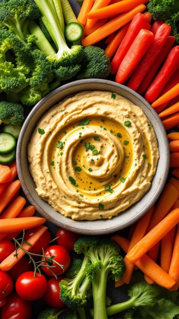 A bowl of hummus surrounded by colorful veggie sticks including carrots, celery, and broccoli.
