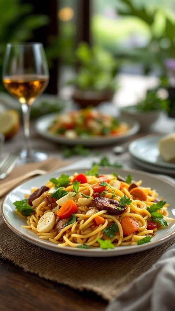 A plate of pasta with colorful vegetables and herbs, with a glass of wine in the background.