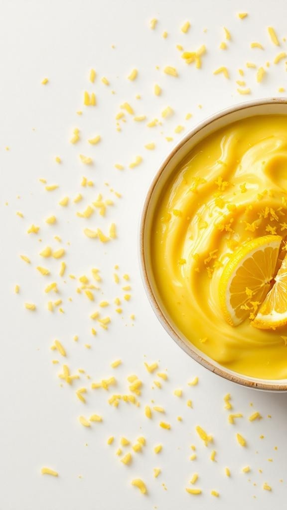 A bowl of creamy lemon dessert topped with lemon zest and a slice of lemon, surrounded by scattered lemon zest on a white surface.