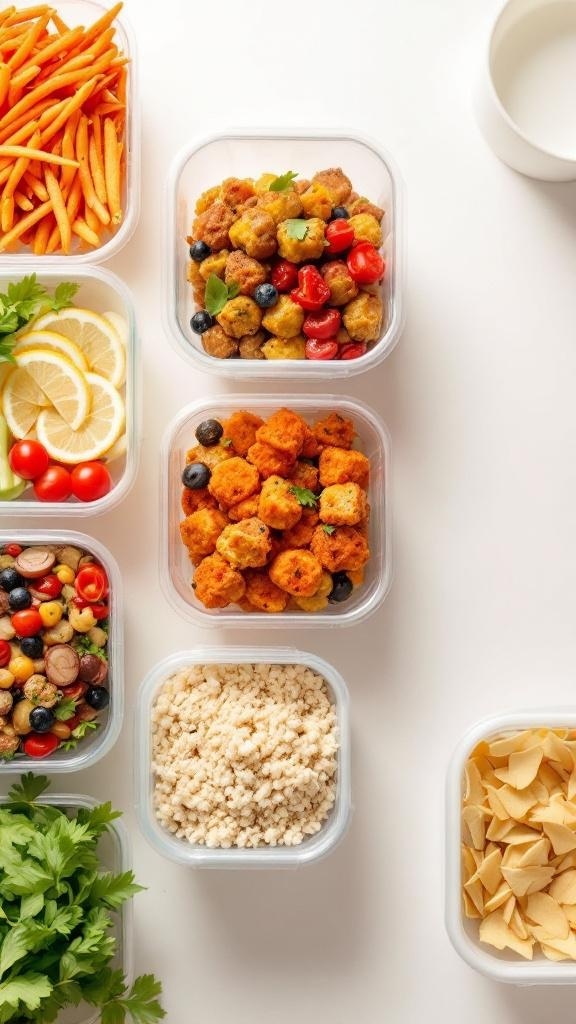 Colorful meal prep containers with various ingredients including carrots, herbs, proteins, and grains.