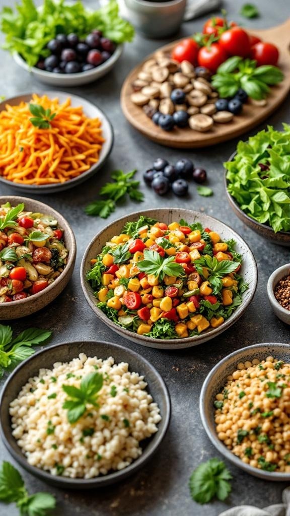 A colorful display of fresh fruits and vegetables arranged on a pink background.