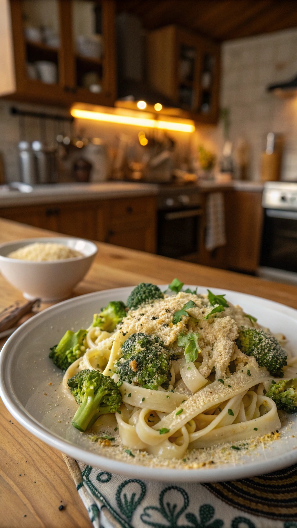 A plate of creamy vegan alfredo pasta with broccoli, topped with vegan parmesan, set in a cozy kitchen.