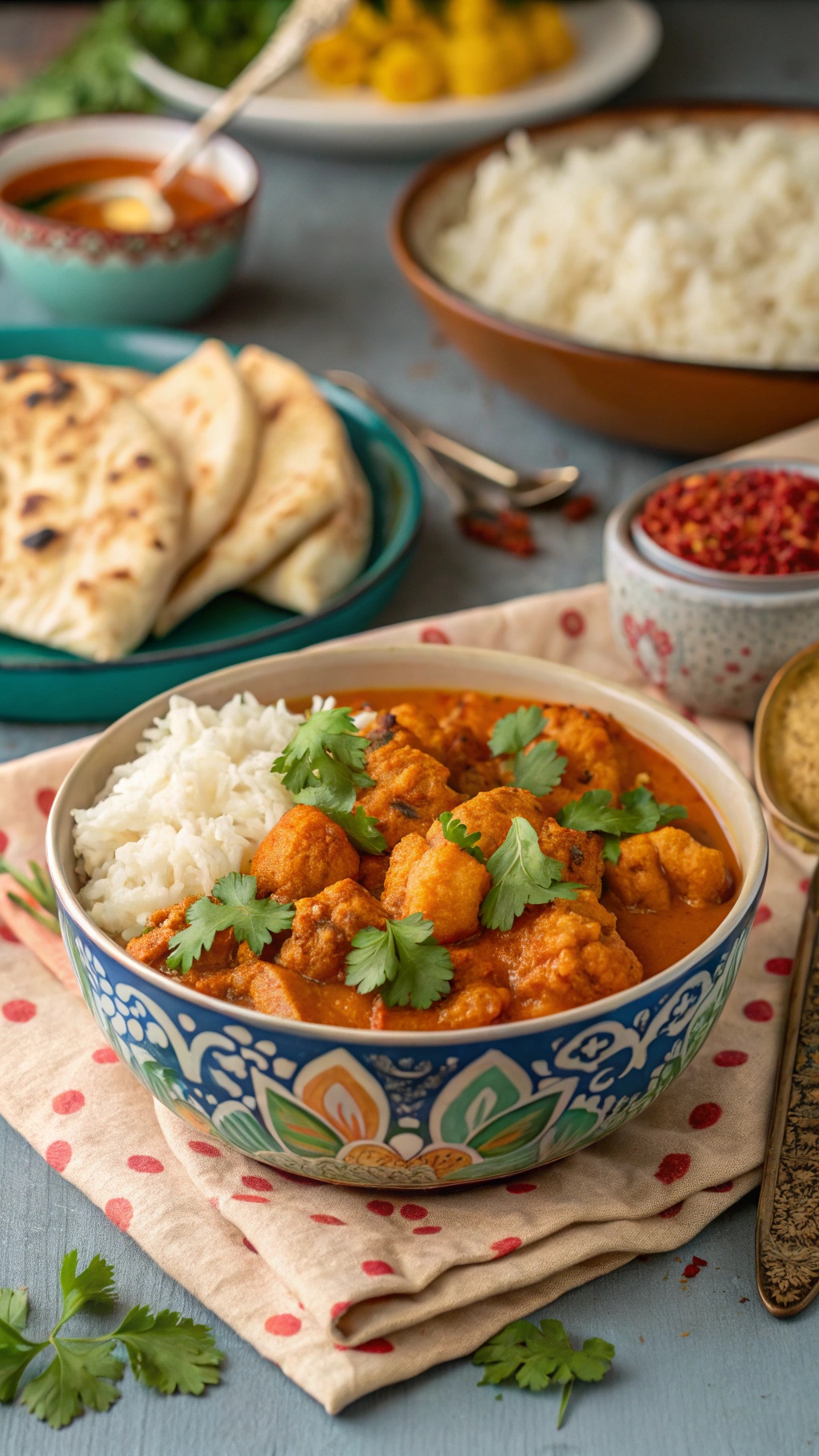A bowl of cauliflower tikka masala served with rice and garnished with cilantro.