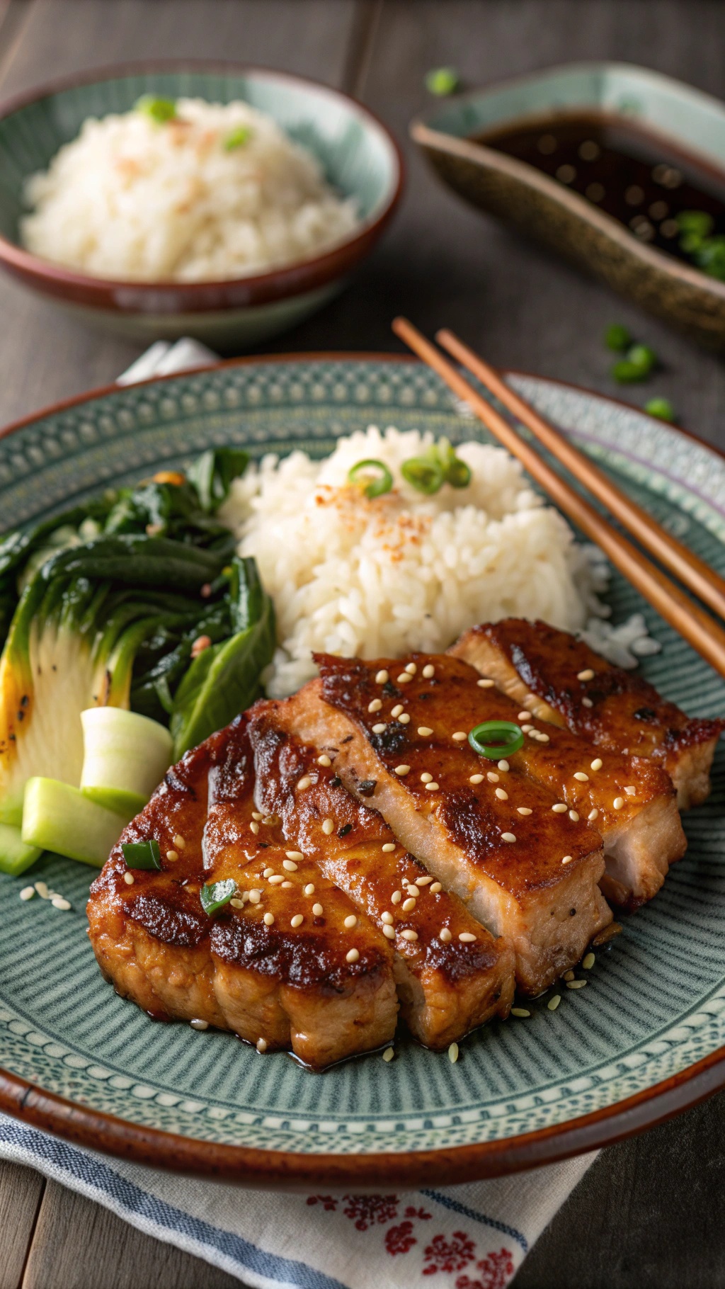 Plate of soy-glazed pork chops with rice and greens