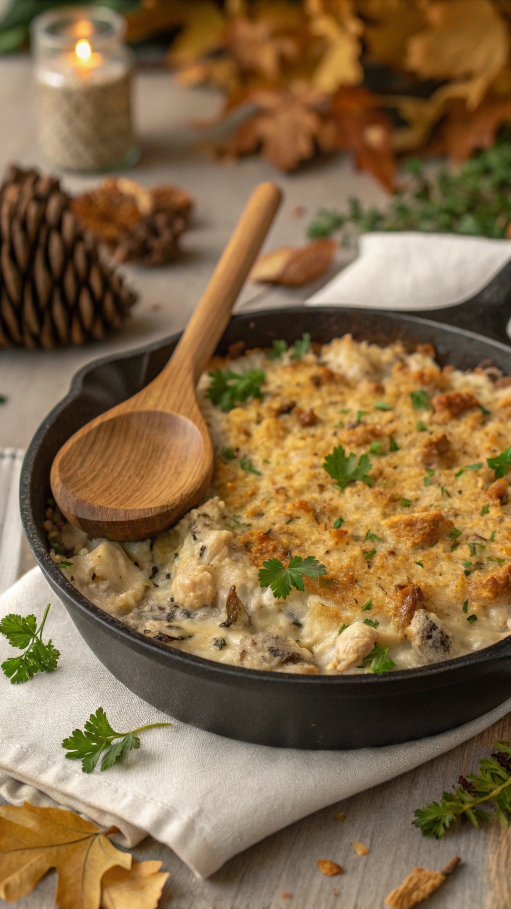 A creamy chicken and wild rice casserole topped with breadcrumbs and fresh herbs, served in a cast iron skillet.