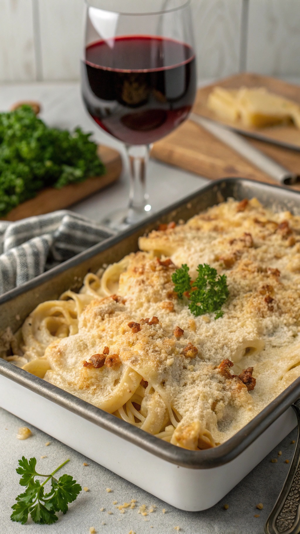 Creamy sheet pan pasta bake with breadcrumbs and parsley, served with a glass of red wine.