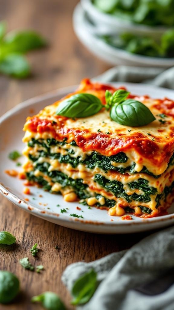 A slice of creamy vegan spinach lasagna garnished with basil on a plate.