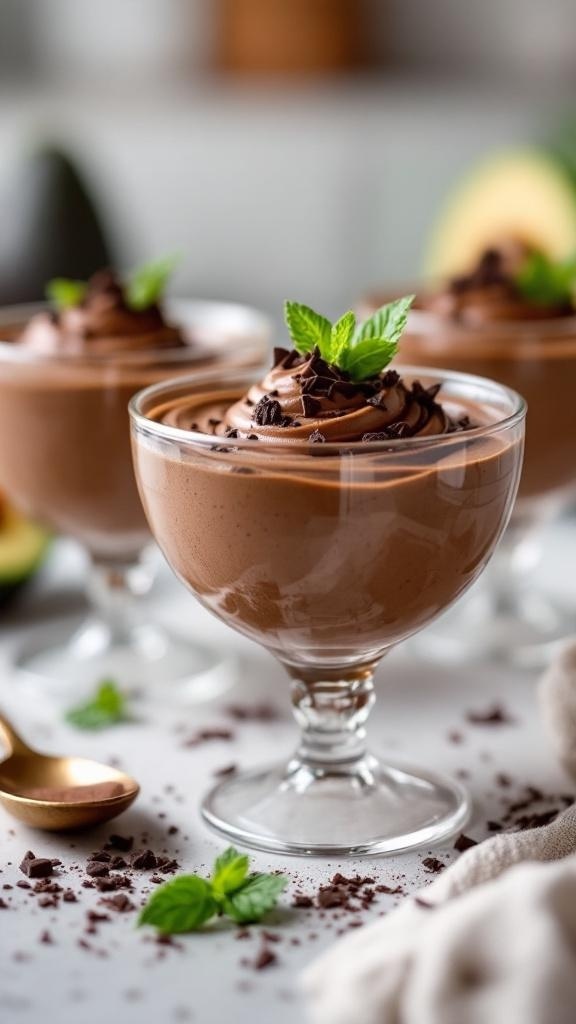 Guilt-free chocolate avocado mousse served in elegant cups, topped with whipped cream, chocolate shavings, and mint leaves.