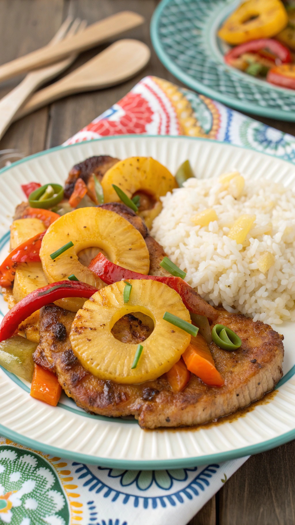 Sweet and sour pineapple pork chops served with rice and colorful bell peppers.