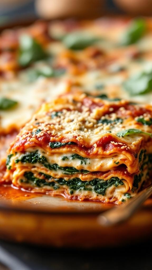 A close-up of a slice of vegan ricotta and spinach lasagna, showcasing layers of noodles, spinach, and marinara sauce.