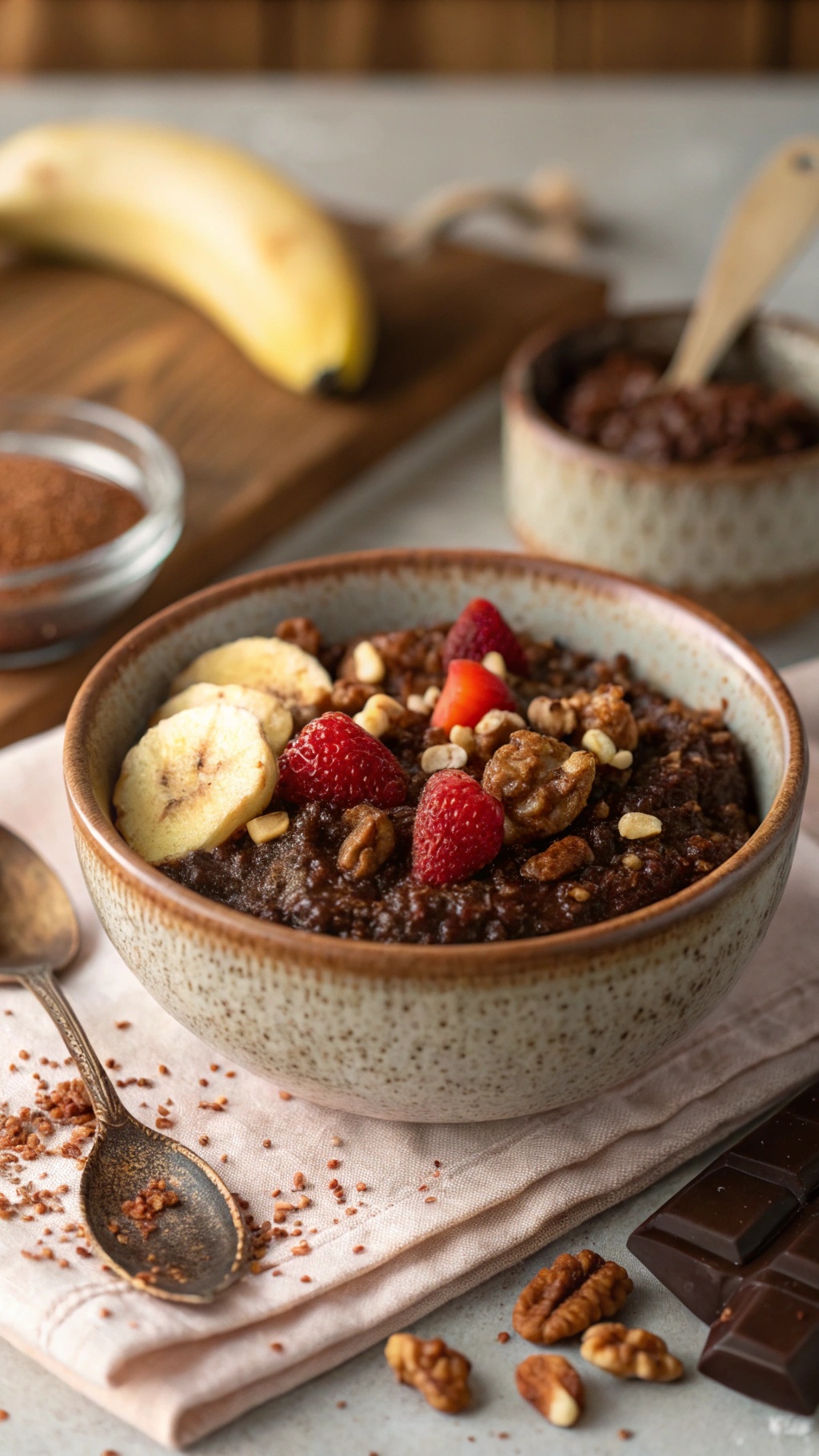 A bowl of cocoa and nut overnight quinoa topped with banana slices and strawberries, with a spoon beside it.