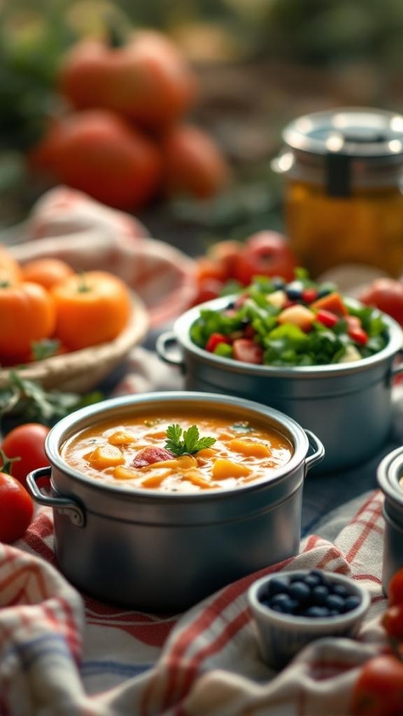 A cozy meal prep setup featuring insulated containers with soup and salad, surrounded by fresh vegetables.