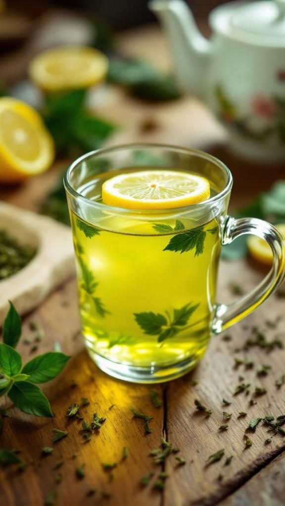 A glass of lemon green tea with mint leaves, lemon slices, and a teapot in the background.