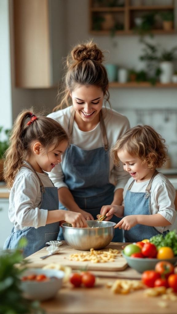 A mother and her two children happily cooking together in the kitchen.