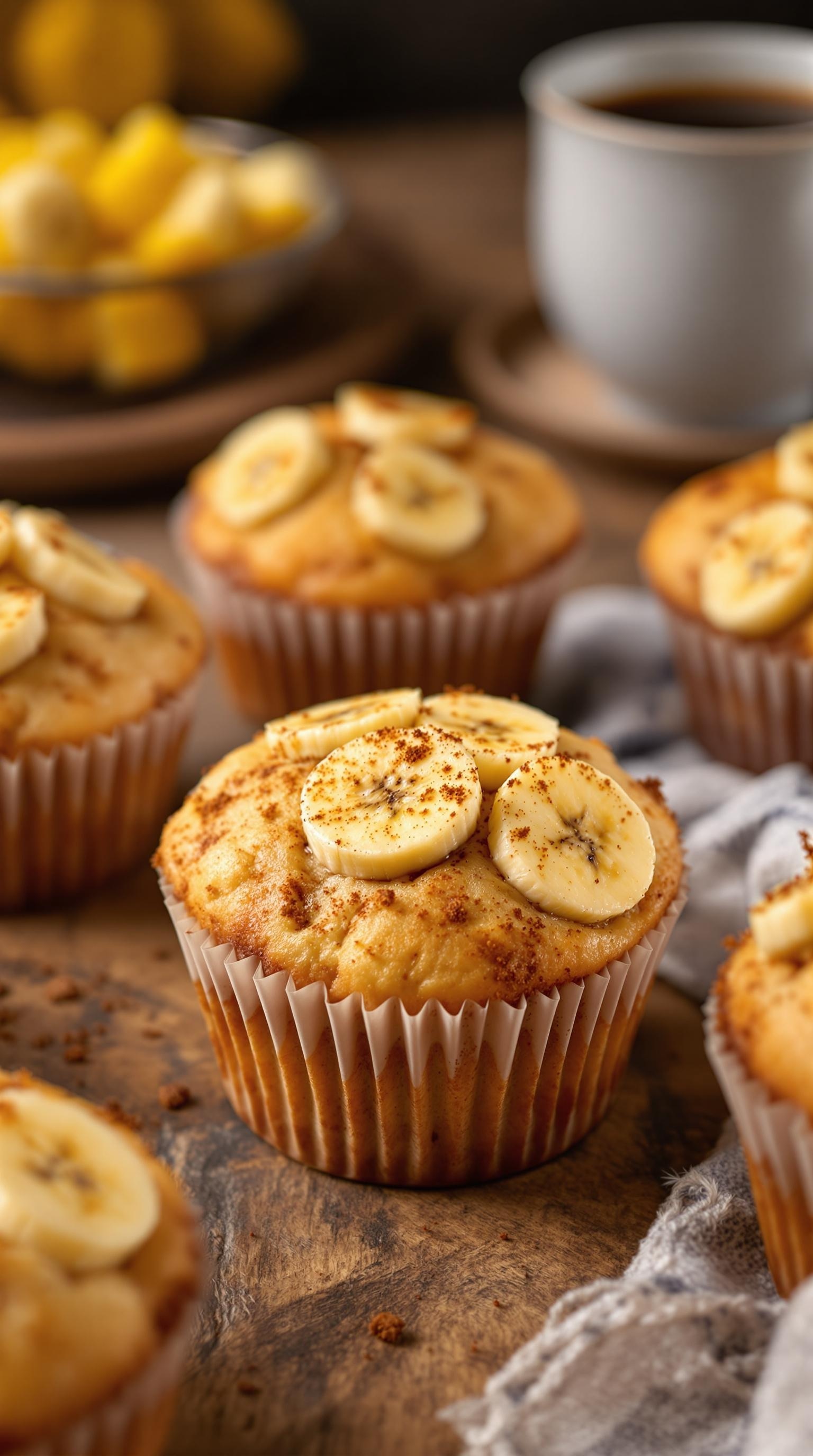 Delicious banana muffins topped with banana slices and cinnamon, served with a cup of coffee.