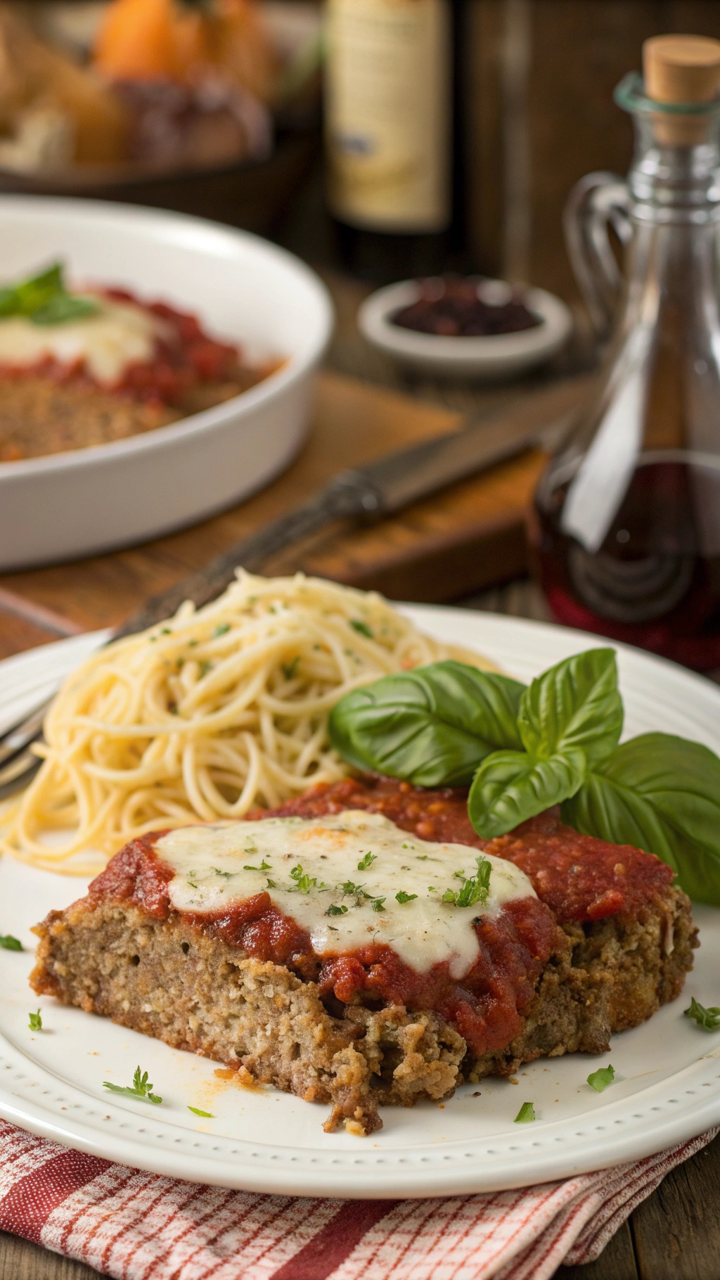 A slice of Italian-style meatloaf topped with marinara sauce and mozzarella cheese, served with spaghetti.