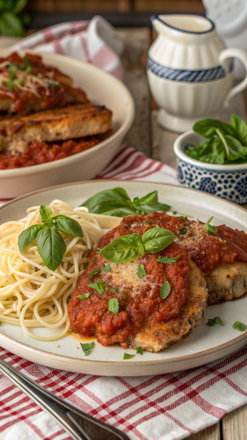 Italian-style pork chops with tomato basil sauce served with spaghetti.