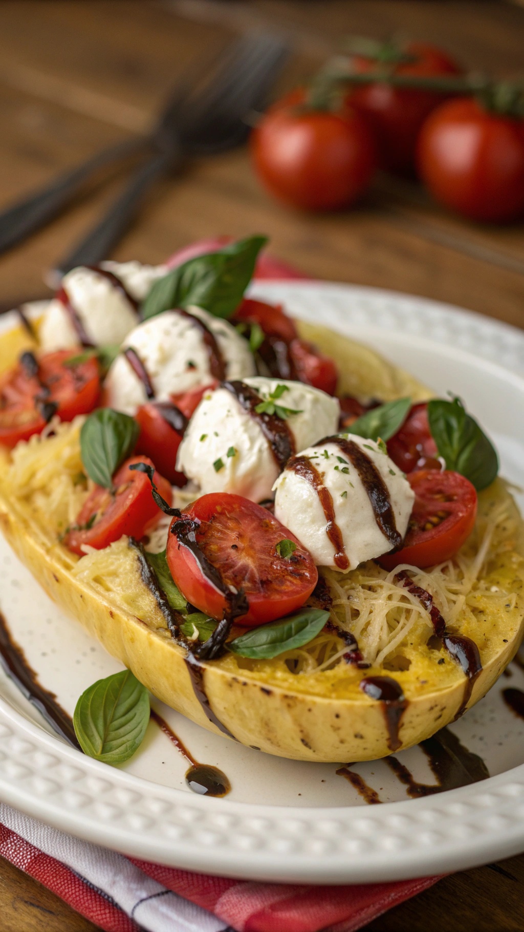 A plate of Italian Caprese Spaghetti Squash topped with tomatoes, mozzarella, and basil.