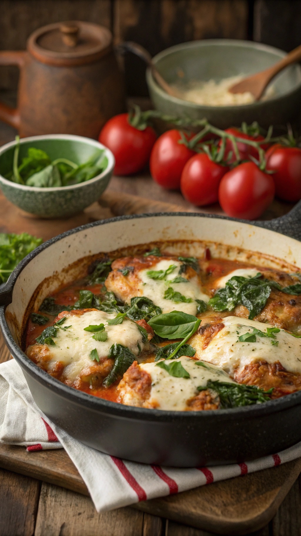 A delicious Italian Chicken and Spinach Bake with melted cheese and fresh ingredients.