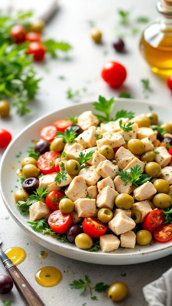 A bowl of Italian chicken salad with olives, cherry tomatoes, and fresh parsley.