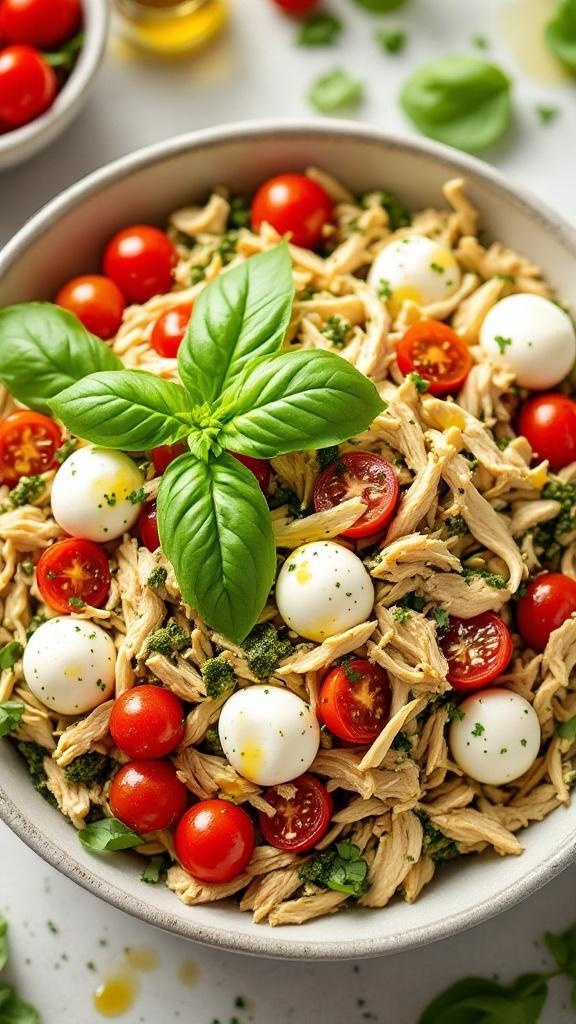 A bowl of Italian chicken salad with pesto, mozzarella, and cherry tomatoes garnished with fresh basil.