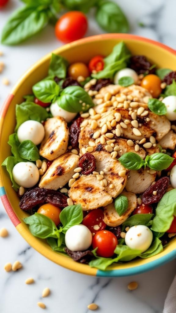 A colorful Italian chicken salad with sun-dried tomatoes, basil, and mozzarella.