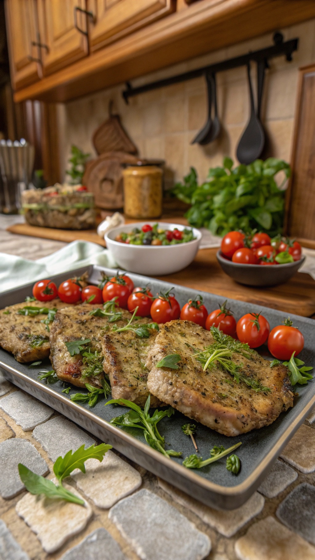 Italian Herb Crusted Pork Chops served with cherry tomatoes and greens on a kitchen counter.