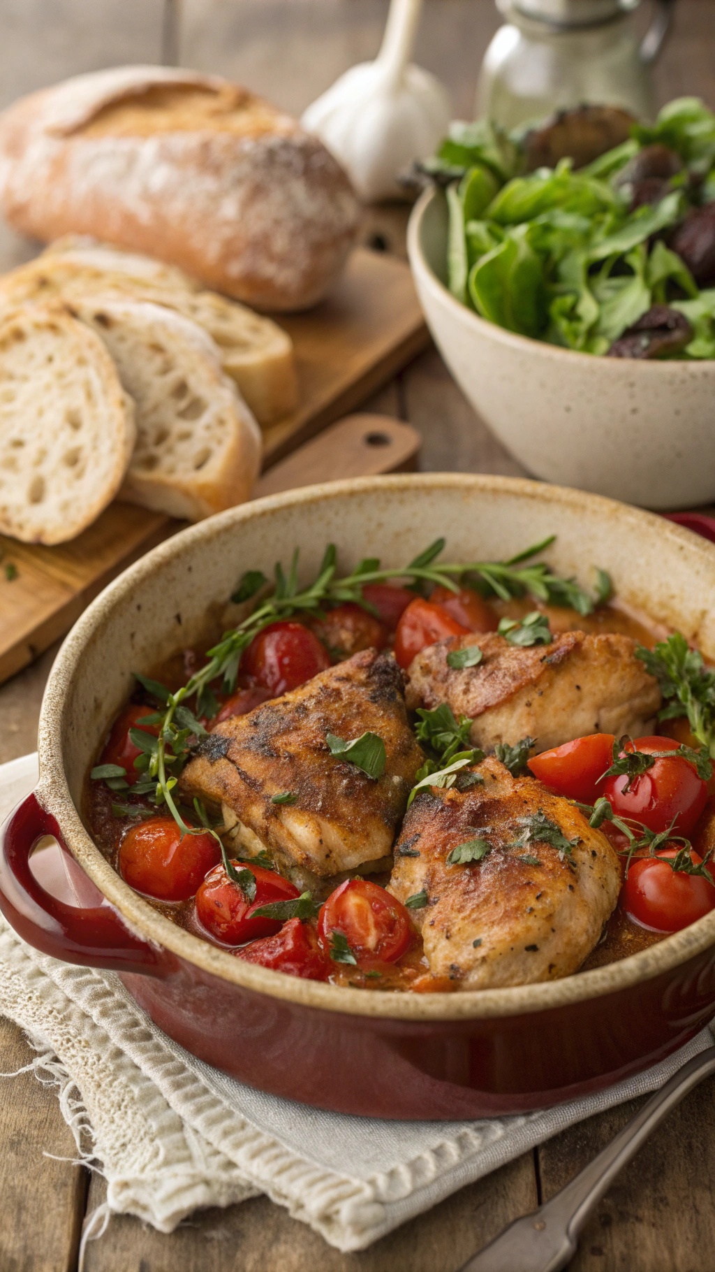 One-Pan Chicken Thighs with Tomatoes, showcasing juicy chicken, cherry tomatoes, and fresh herbs in a rustic setting.
