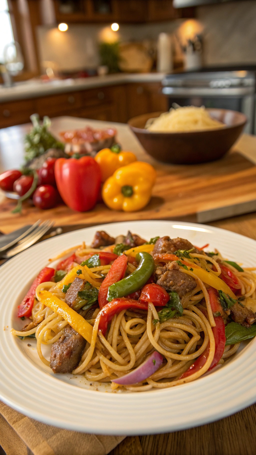 A plate of gluten-free spaghetti with Italian sausage and colorful bell peppers, garnished with fresh herbs.