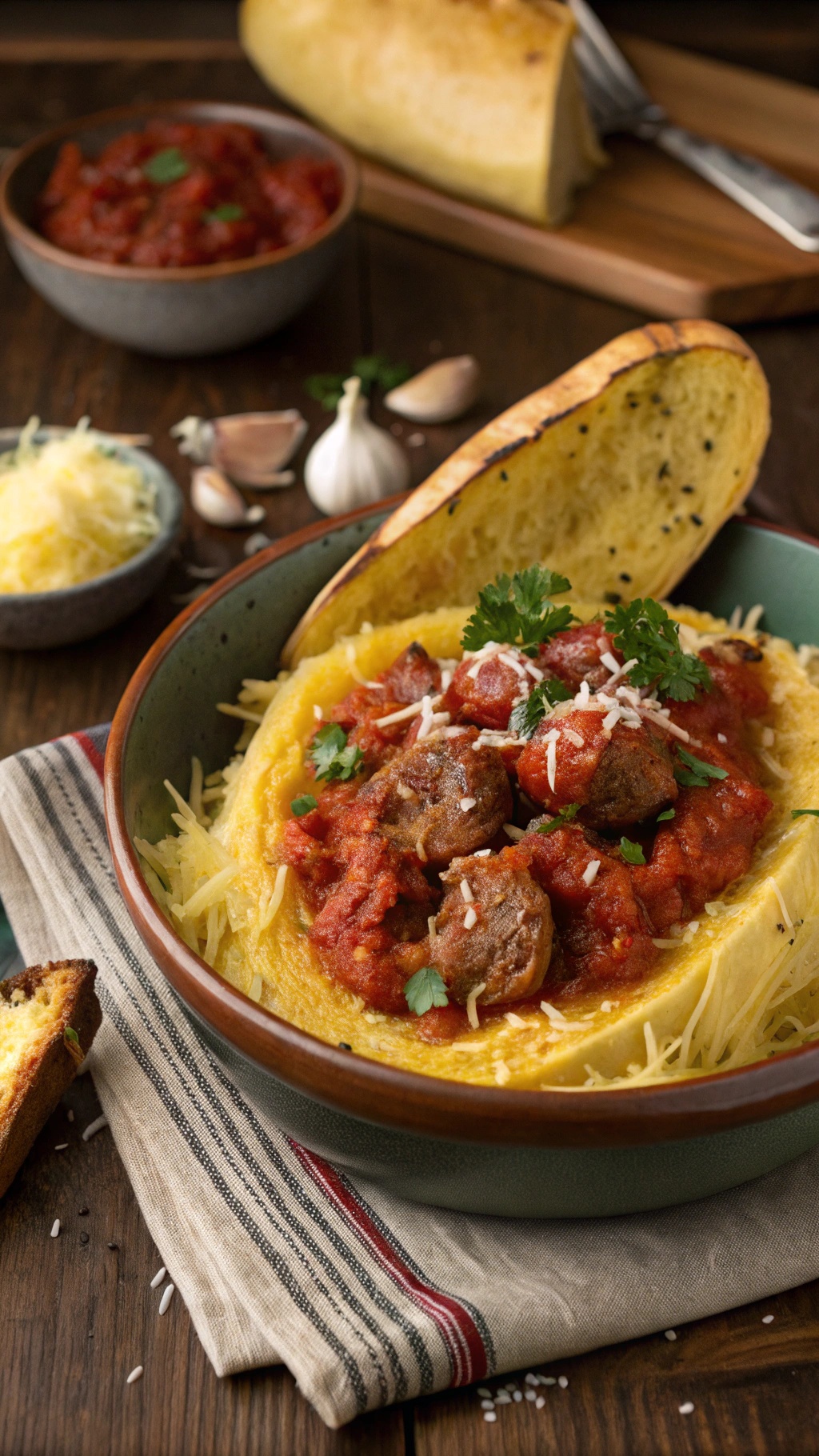 A bowl of spaghetti squash topped with Italian sausage and marinara sauce, garnished with cheese and herbs.