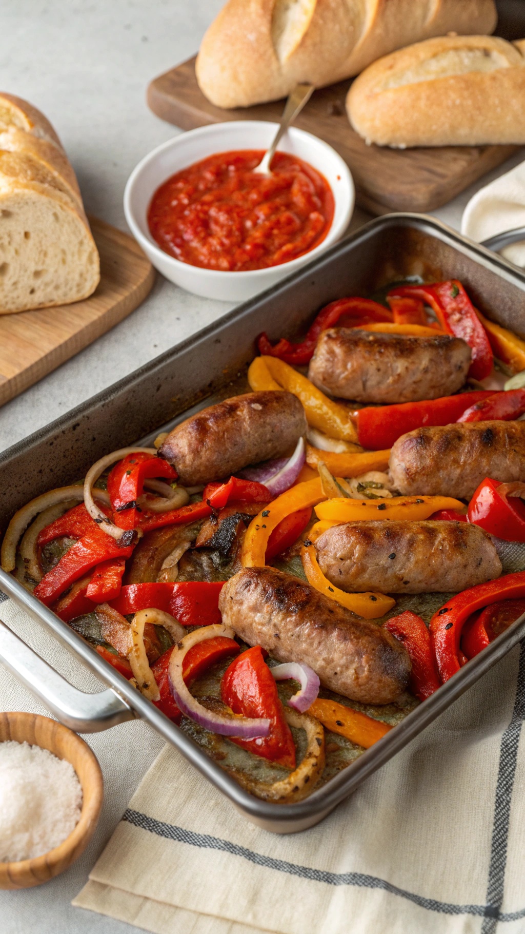 A delicious Italian sausage and peppers sheet pan dinner with colorful veggies and crusty bread.