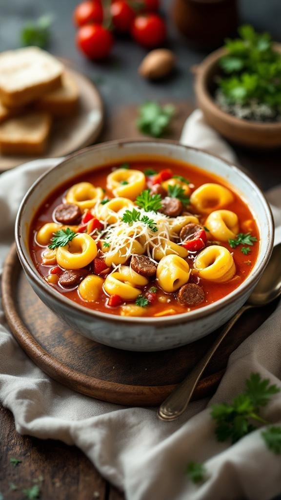 A bowl of Italian Sausage Tortellini Soup with tortellini, sausage, and herbs