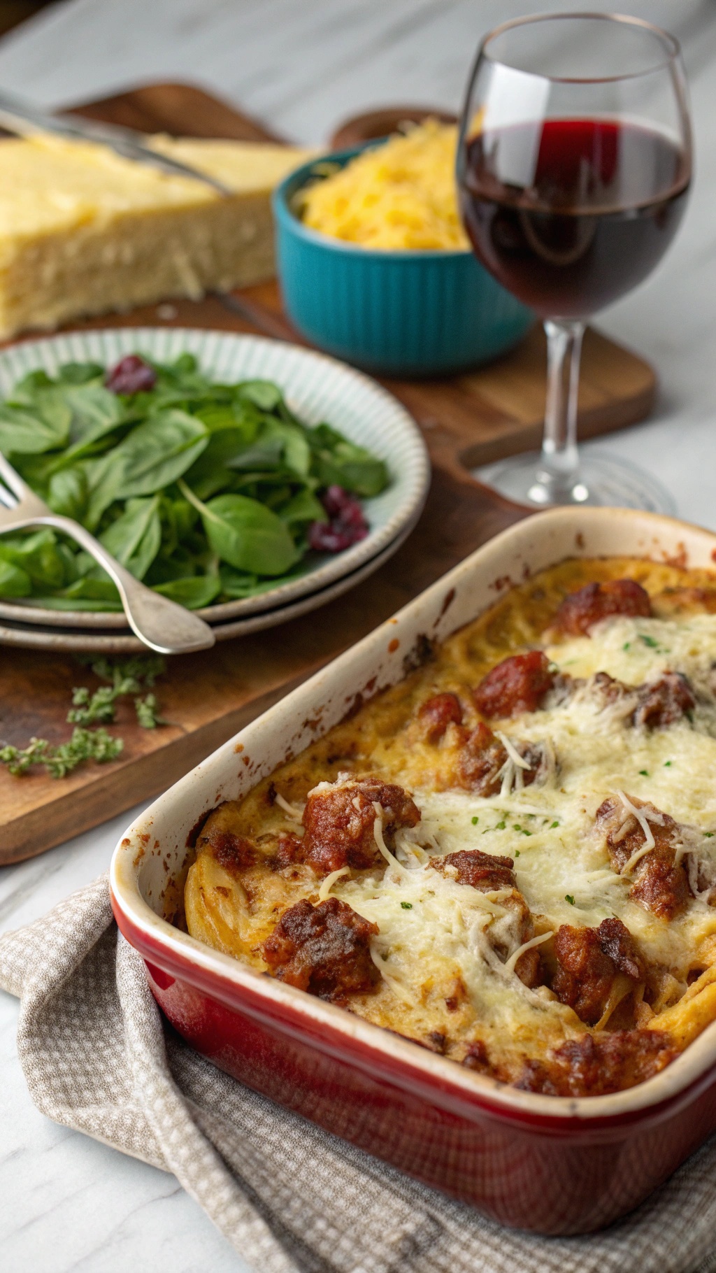 A delicious Italian spaghetti squash bake with sausage, topped with melted cheese, served with a side salad and a glass of red wine.