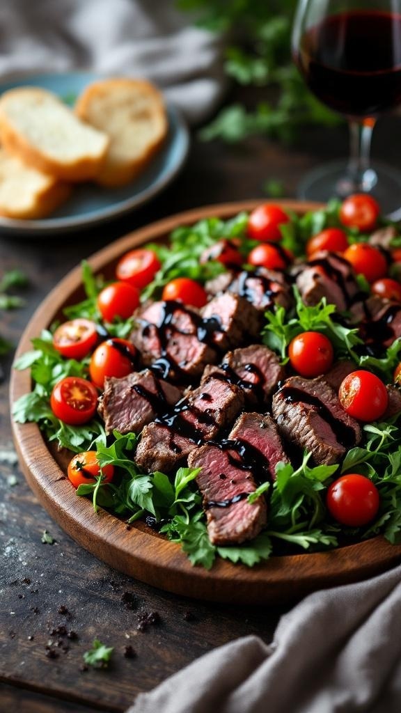 A vibrant Italian steak salad with balsamic reduction, featuring sliced steak, cherry tomatoes, and mixed greens.