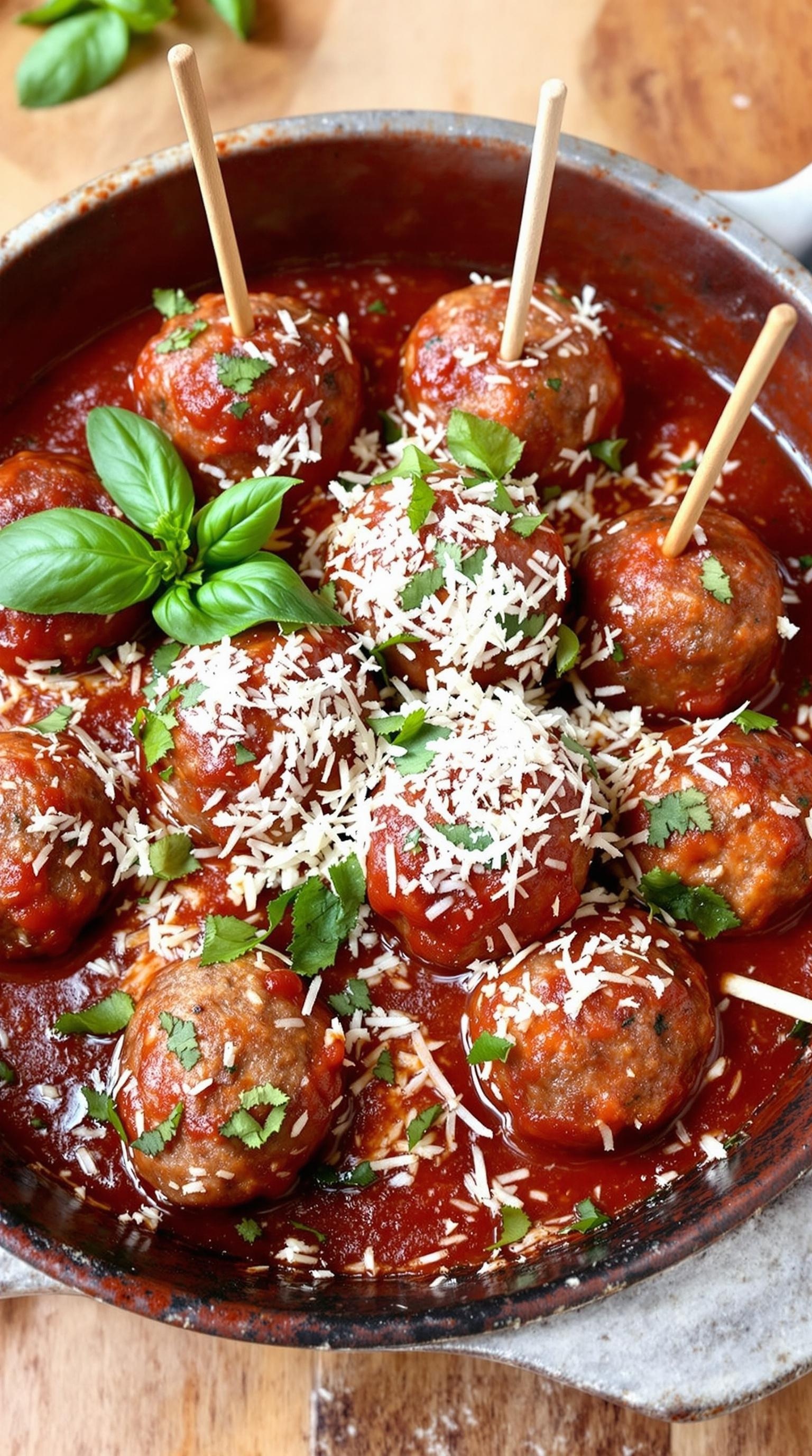 A plate of juicy beef meatballs in tomato sauce, garnished with herbs and cheese.