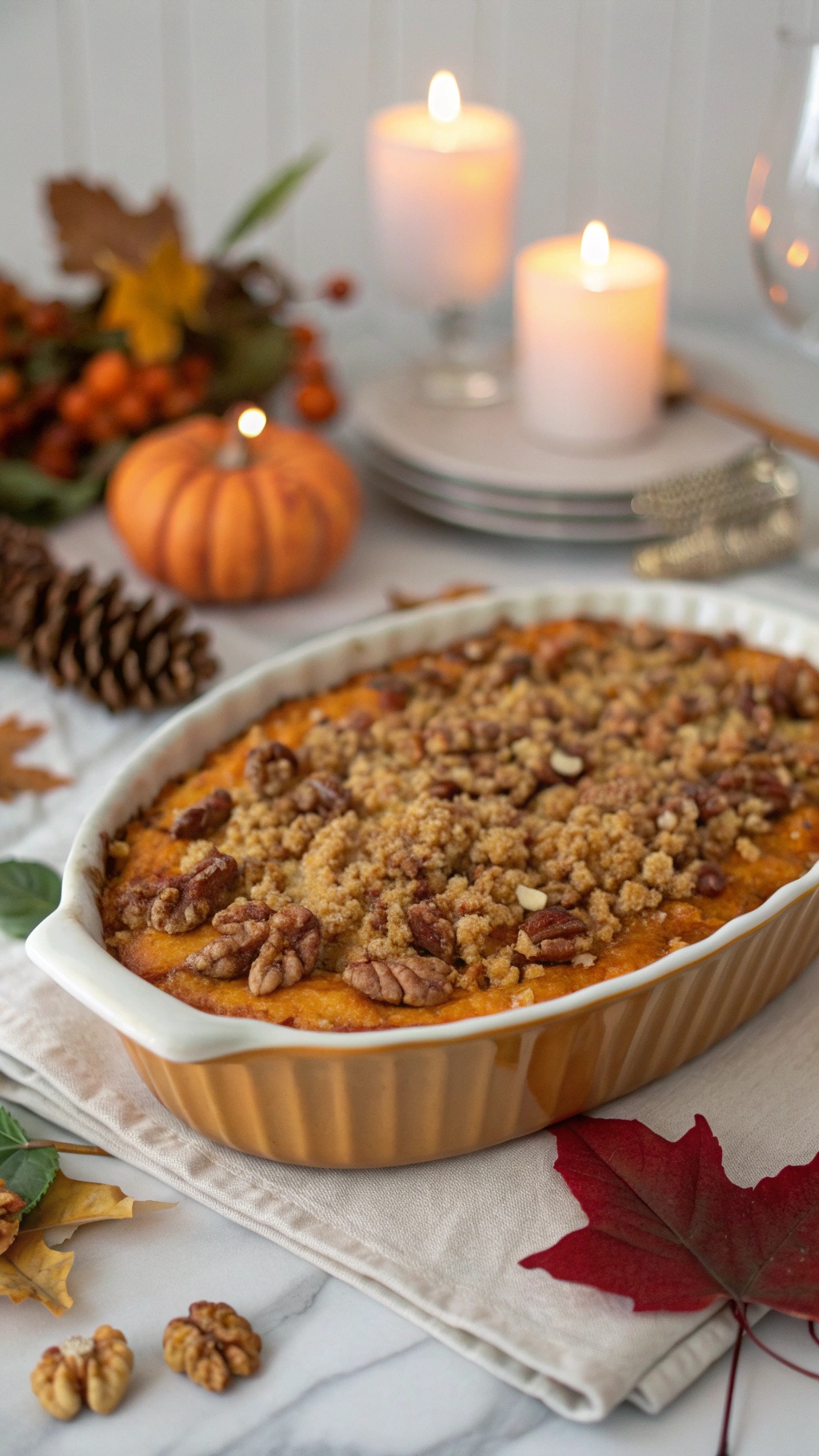 A delicious keto-friendly sweet potato casserole topped with pecans, surrounded by autumn decorations.