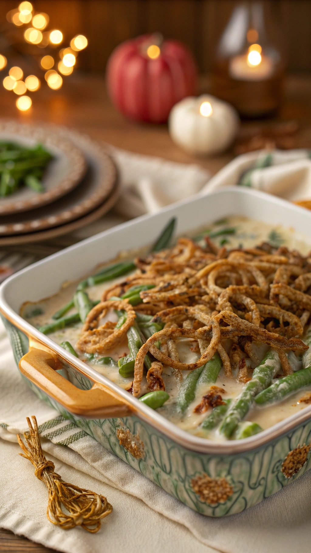 A delicious keto green bean casserole topped with crispy onion rings, set in a cozy holiday setting.