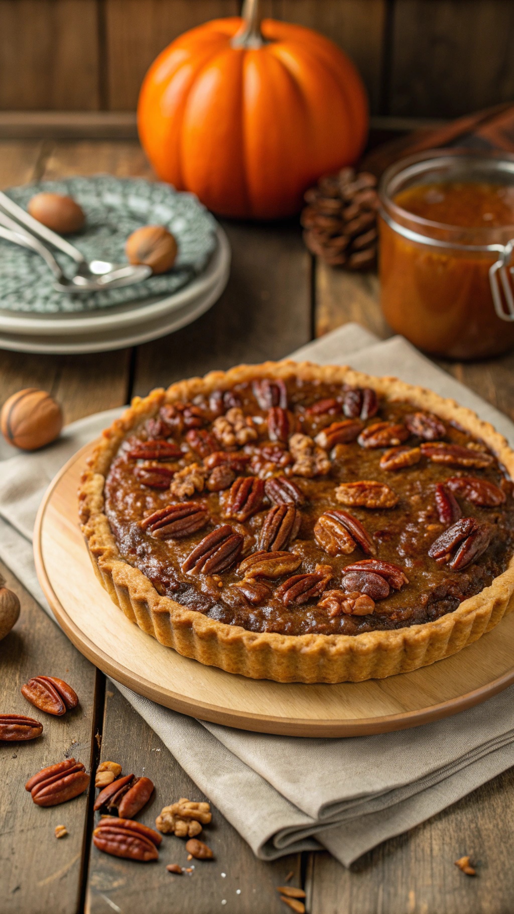 A beautifully baked keto pecan pie with a golden crust and topped with pecans, set against a rustic backdrop.