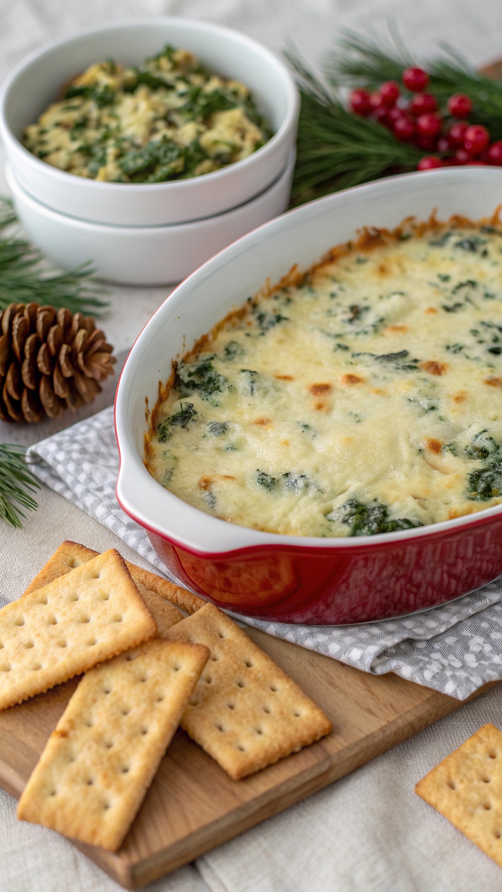 A warm, cheesy spinach artichoke dip in a red baking dish, surrounded by crackers and festive decorations.