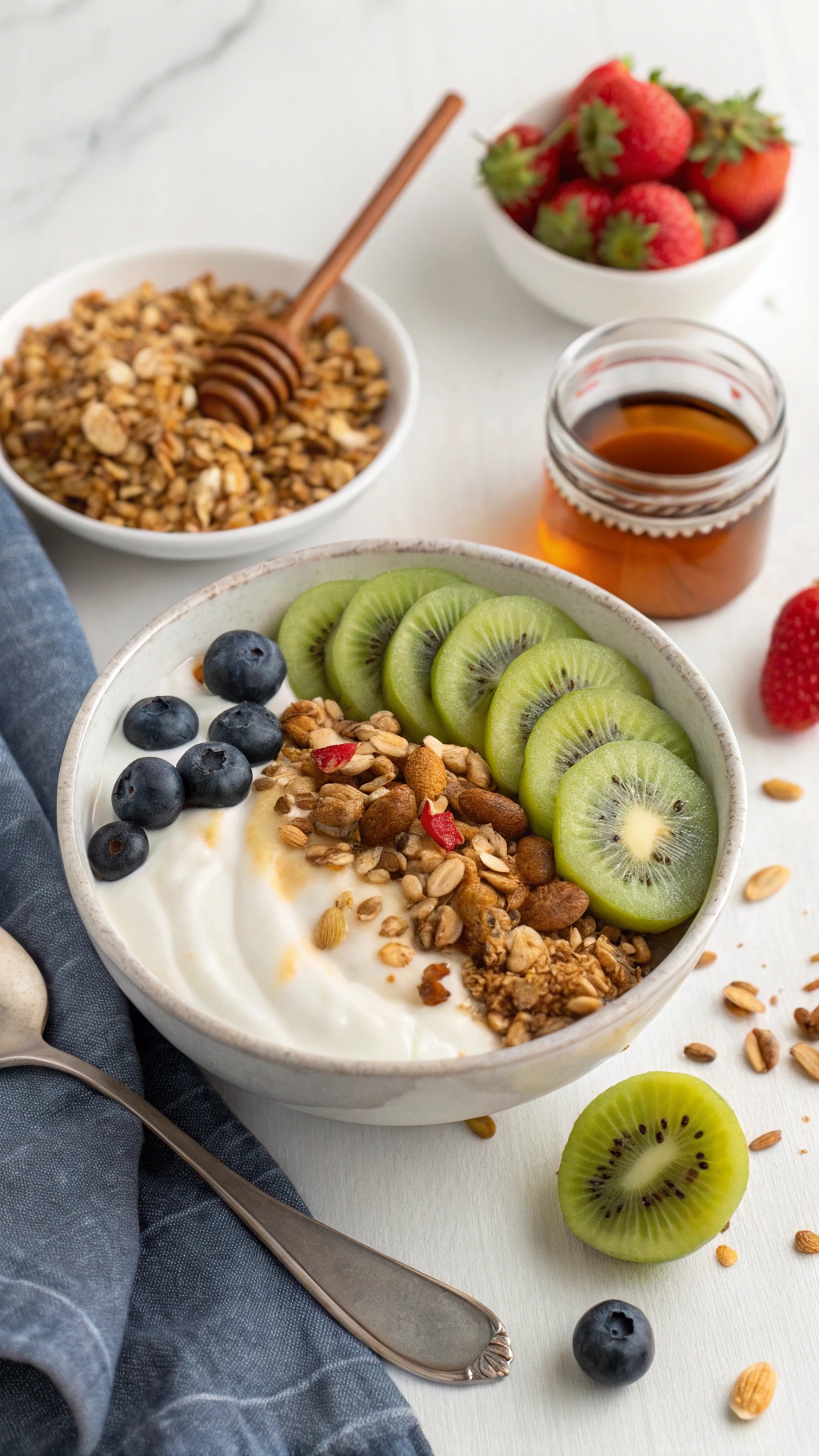 A bowl of yogurt topped with kiwi slices, granola, and blueberries, with honey and strawberries in the background.