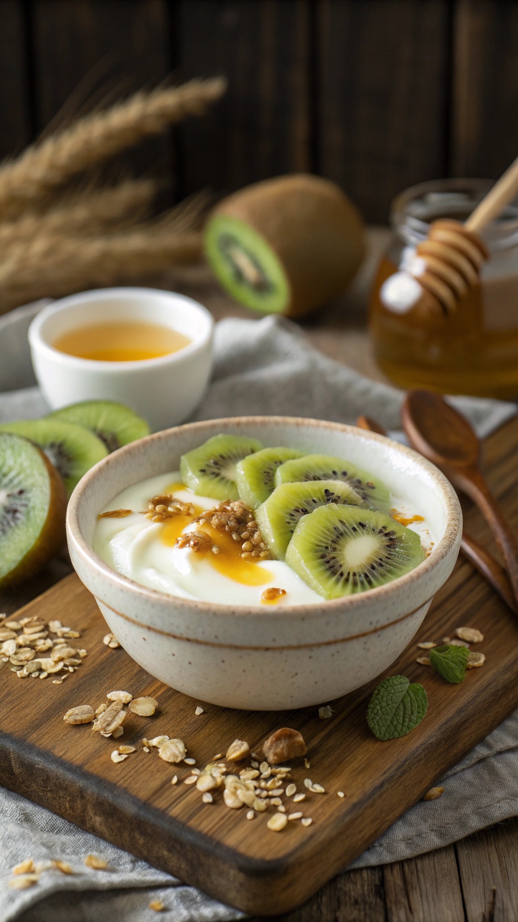 A delicious Kiwi and Honey Yogurt Bowl with sliced kiwis, honey drizzle, and granola on a wooden board.