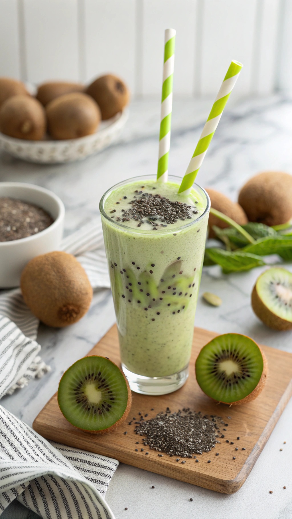 A refreshing kiwi and yogurt smoothie in a glass with two straws, surrounded by fresh kiwis and chia seeds.