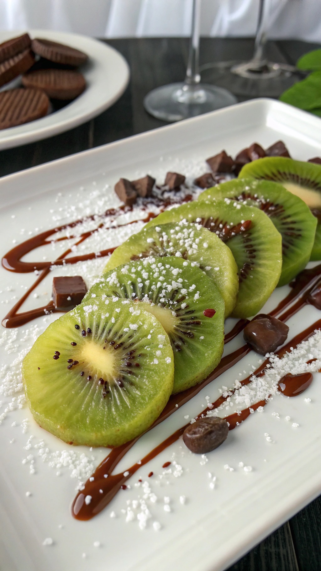 A plate of kiwi slices dipped in chocolate, drizzled with chocolate sauce, and sprinkled with powdered sugar.