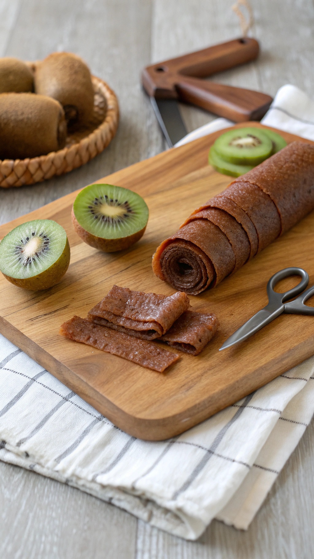 Homemade kiwi fruit leather on a wooden cutting board with fresh kiwis and scissors.