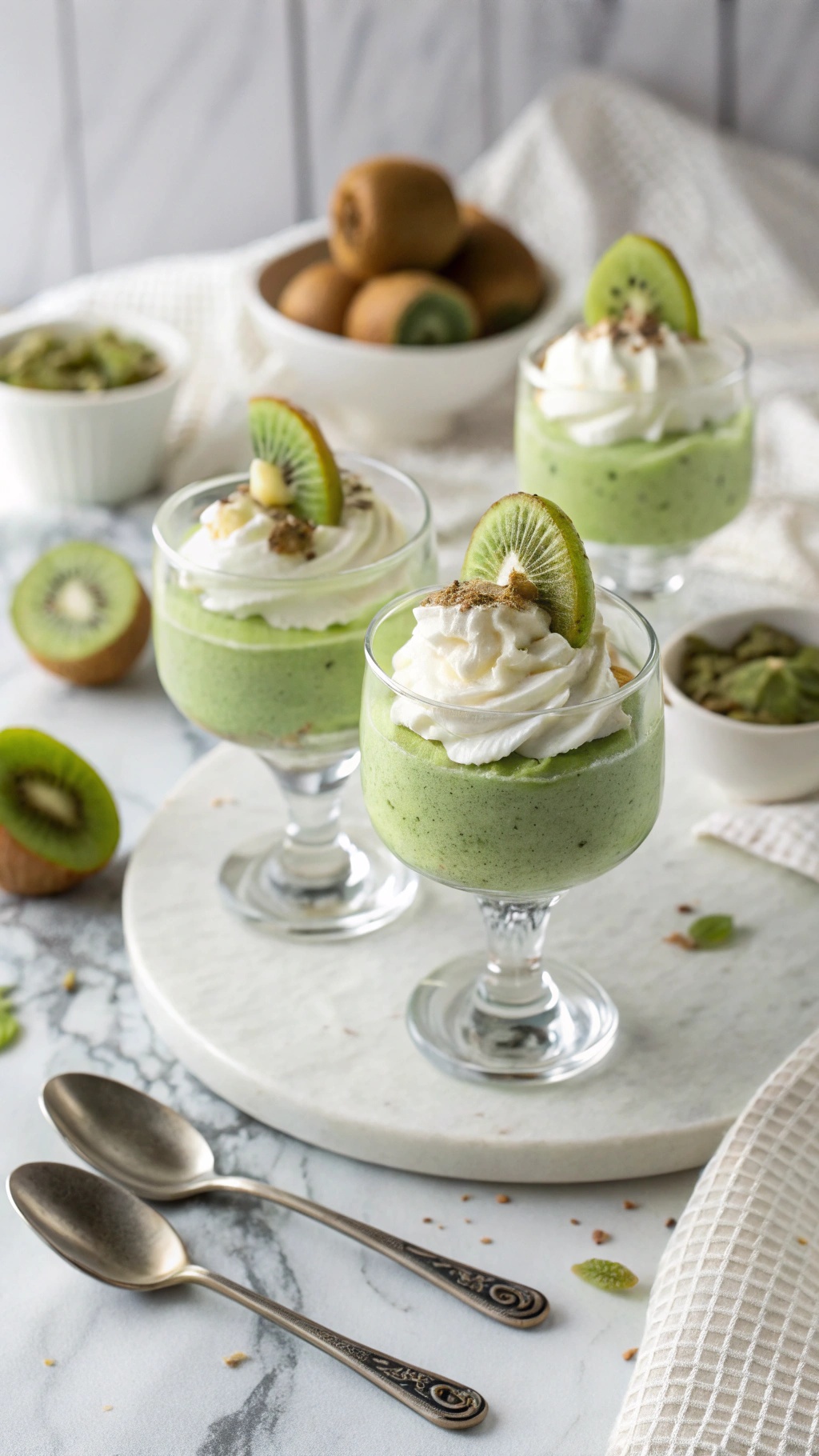 Three cups of kiwi mousse topped with whipped cream and kiwi slices, with whole kiwis in the background.