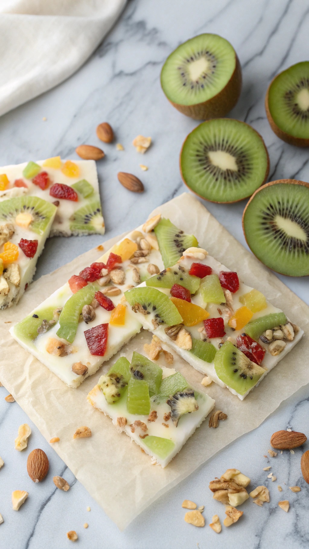 Colorful kiwi yogurt bark topped with assorted fruits and nuts on a marble surface.
