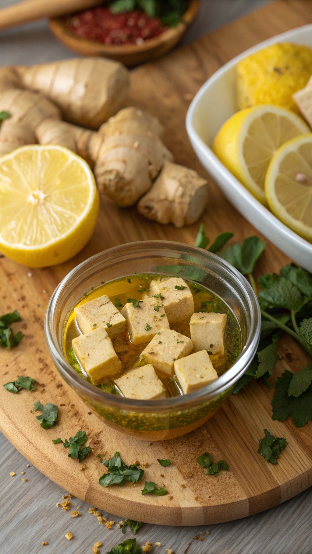 A bowl of lemon-ginger tofu marinade with cubes of tofu, fresh ginger, and lemon slices on a wooden cutting board.
