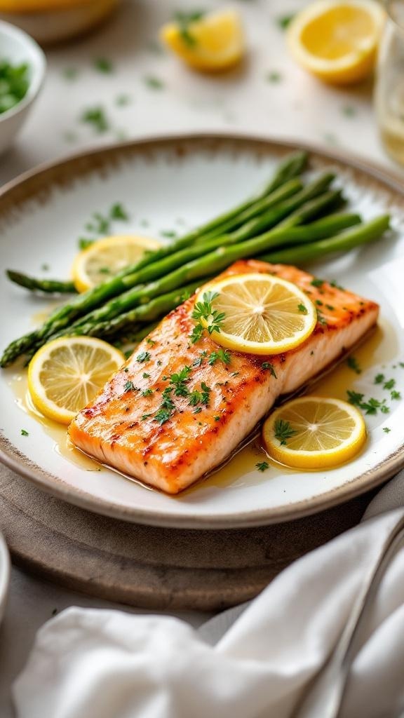 A plate of lemon and ginger glazed salmon with asparagus and lemon slices
