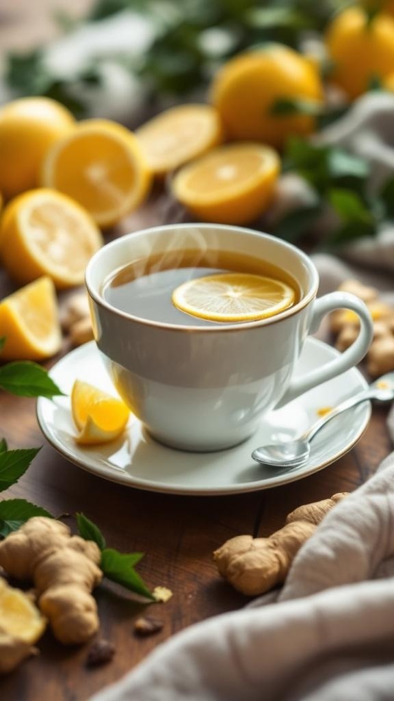 A steaming cup of lemon and ginger tea with fresh lemons and ginger roots around it.